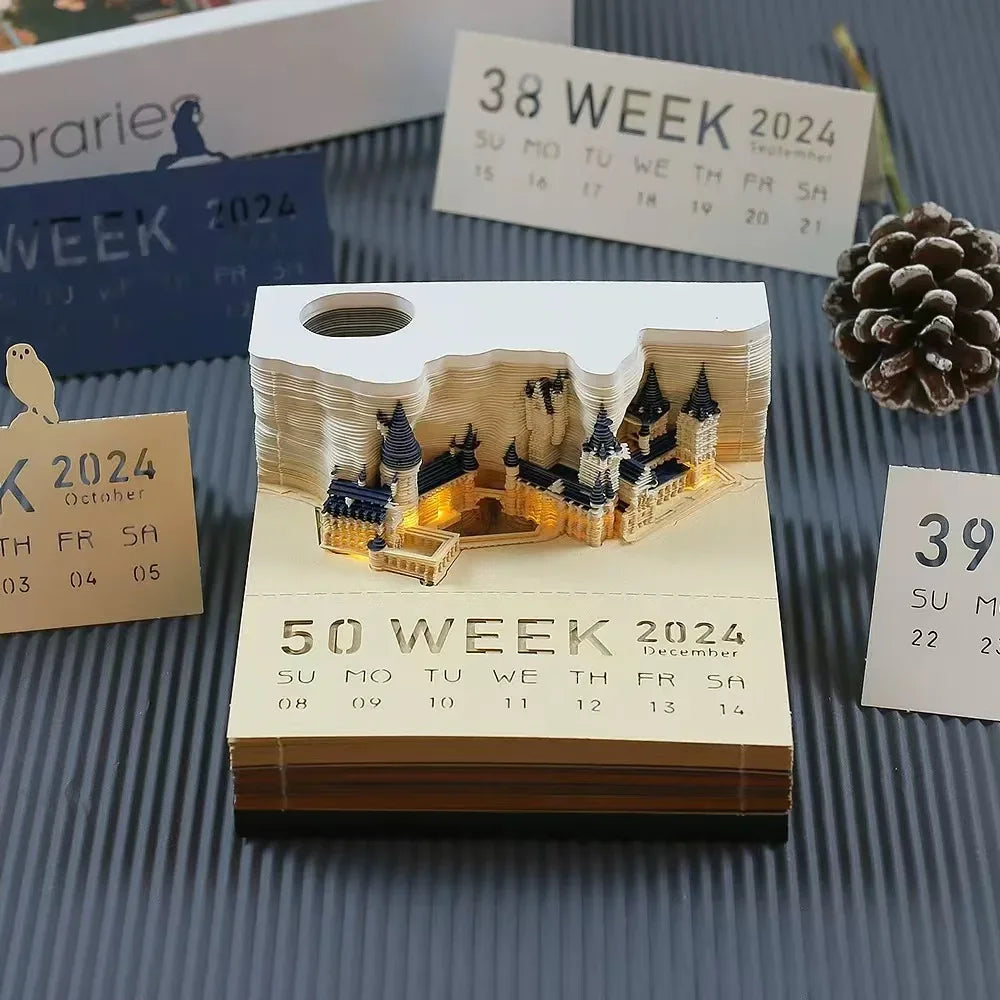 2025 3D Castle Paper Sculpture Desk Calendar Magic Castle Memo Pad Tear-Away Notepad DIY Craft Gifts for Home Office School